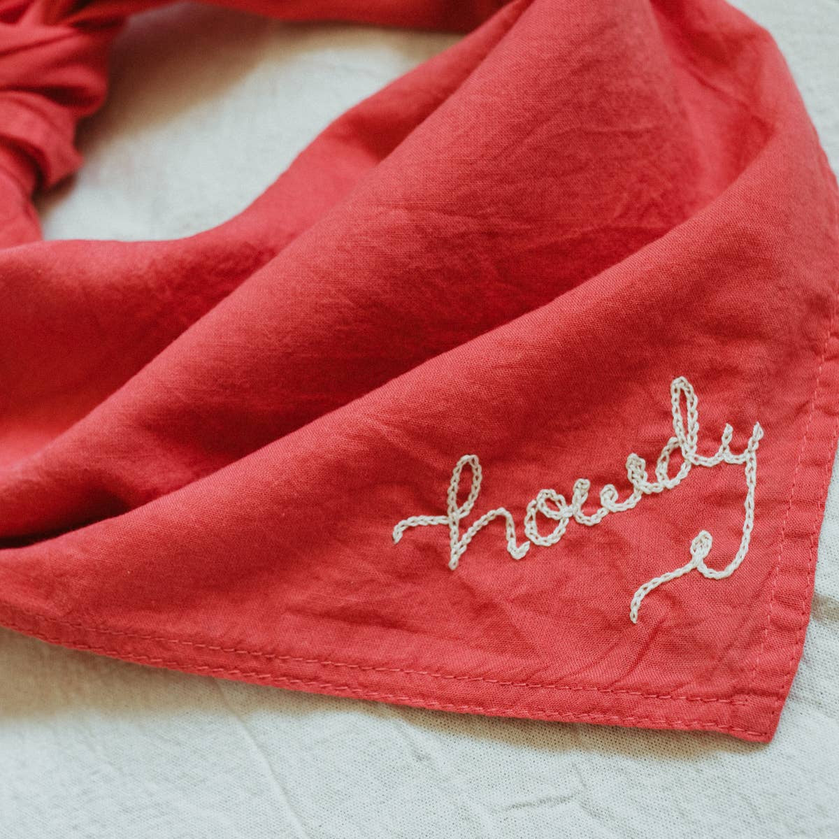 Hand embroidered Howdy organic cotton bandana- hand dyed