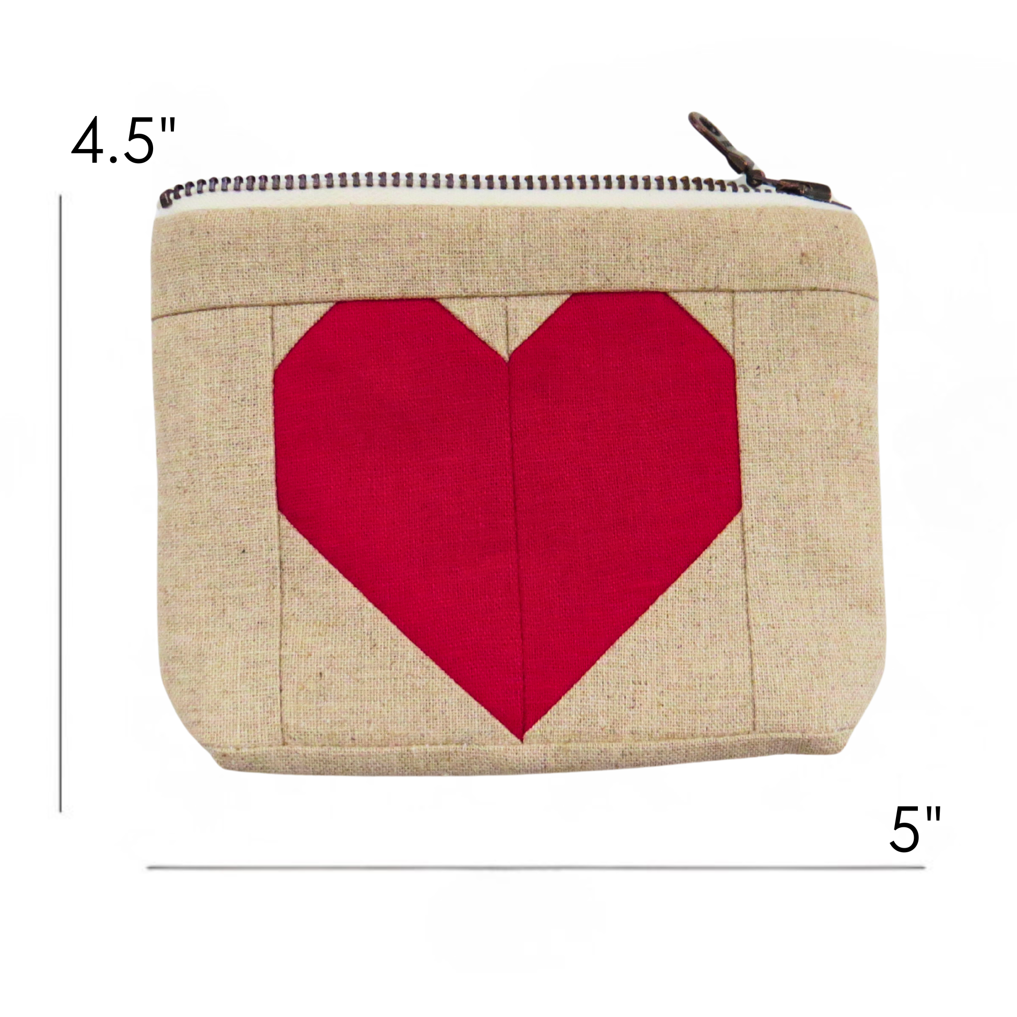 Beige pouch with a red heart design and measurements on a white background