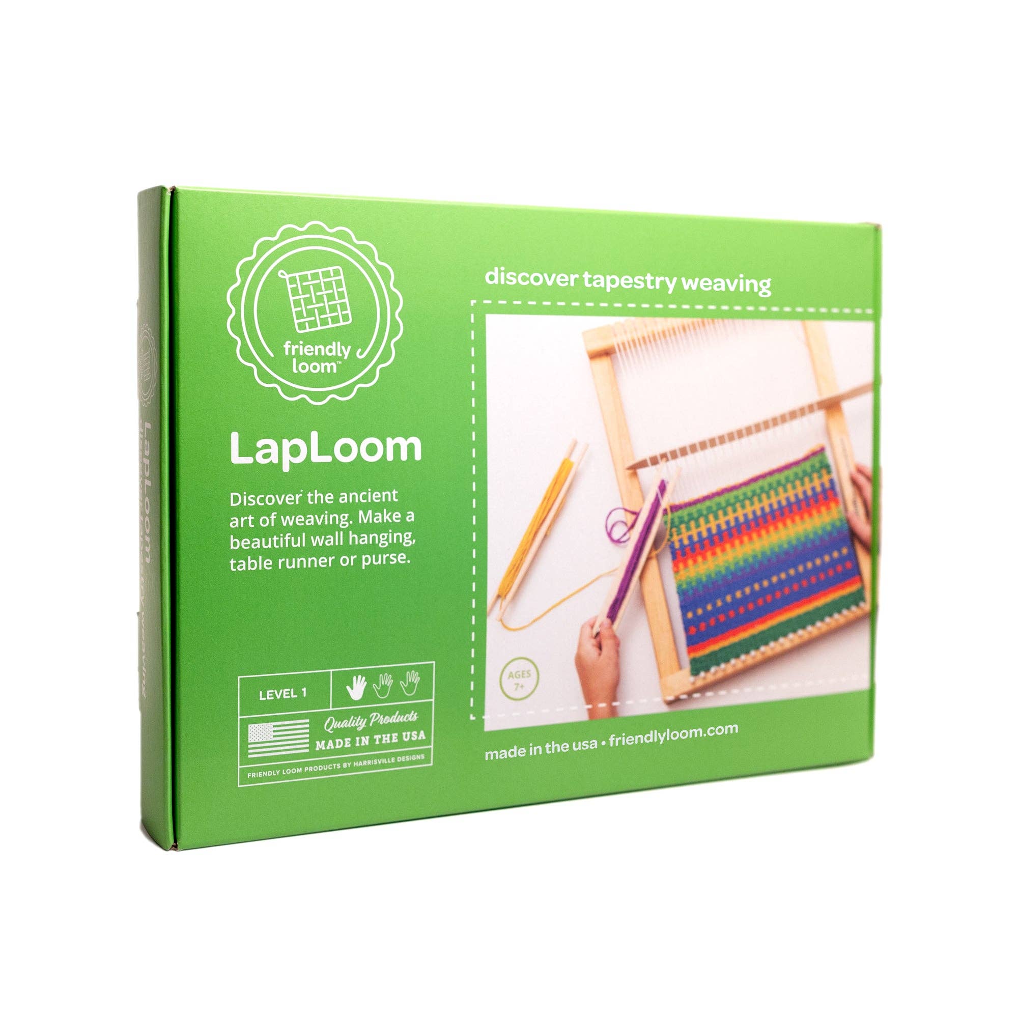 Green box of LapLoom weaving kit with colorful woven item on a white background