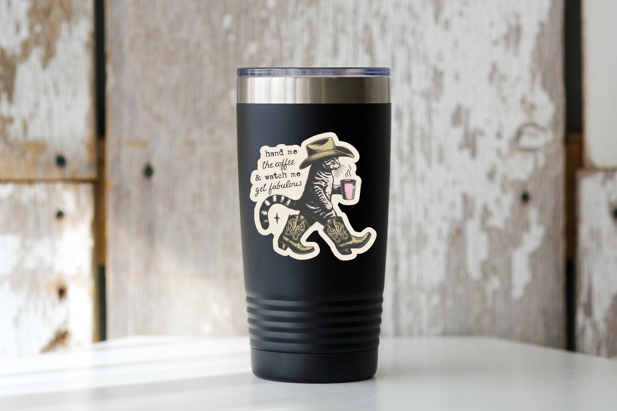 Hand Me Coffee Get Fabulous Sticker - cat, western, cowboy