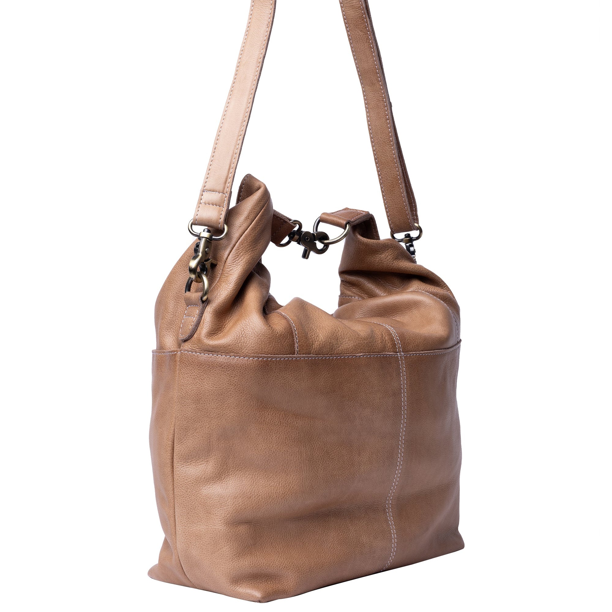 Brown leather handbag with a strap on a white background