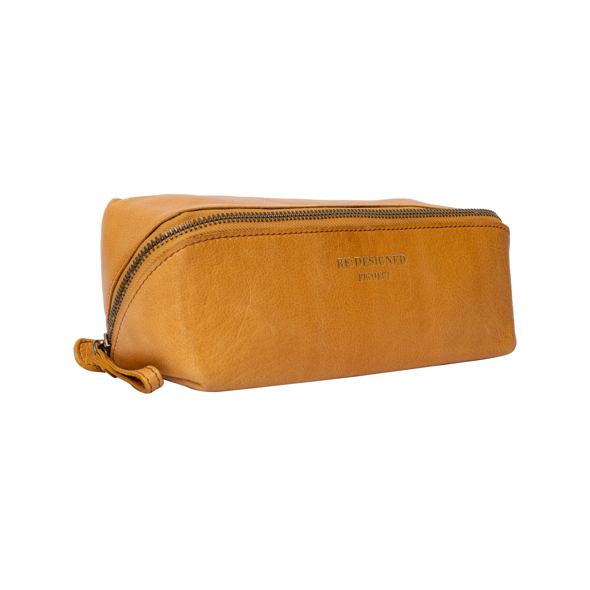 Brown leather toiletry bag with a visible brand name on a white background
