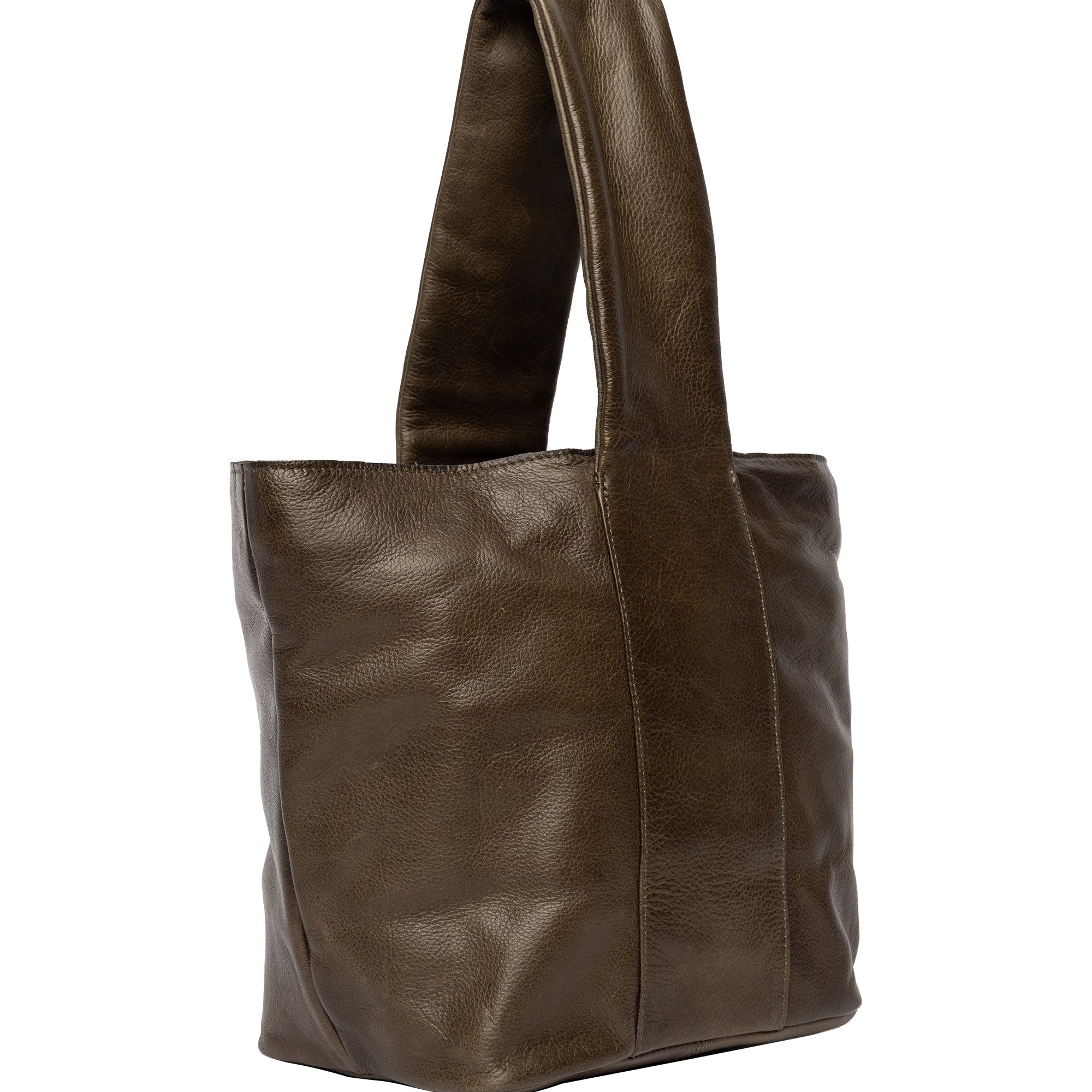 Brown leather tote bag on a white background