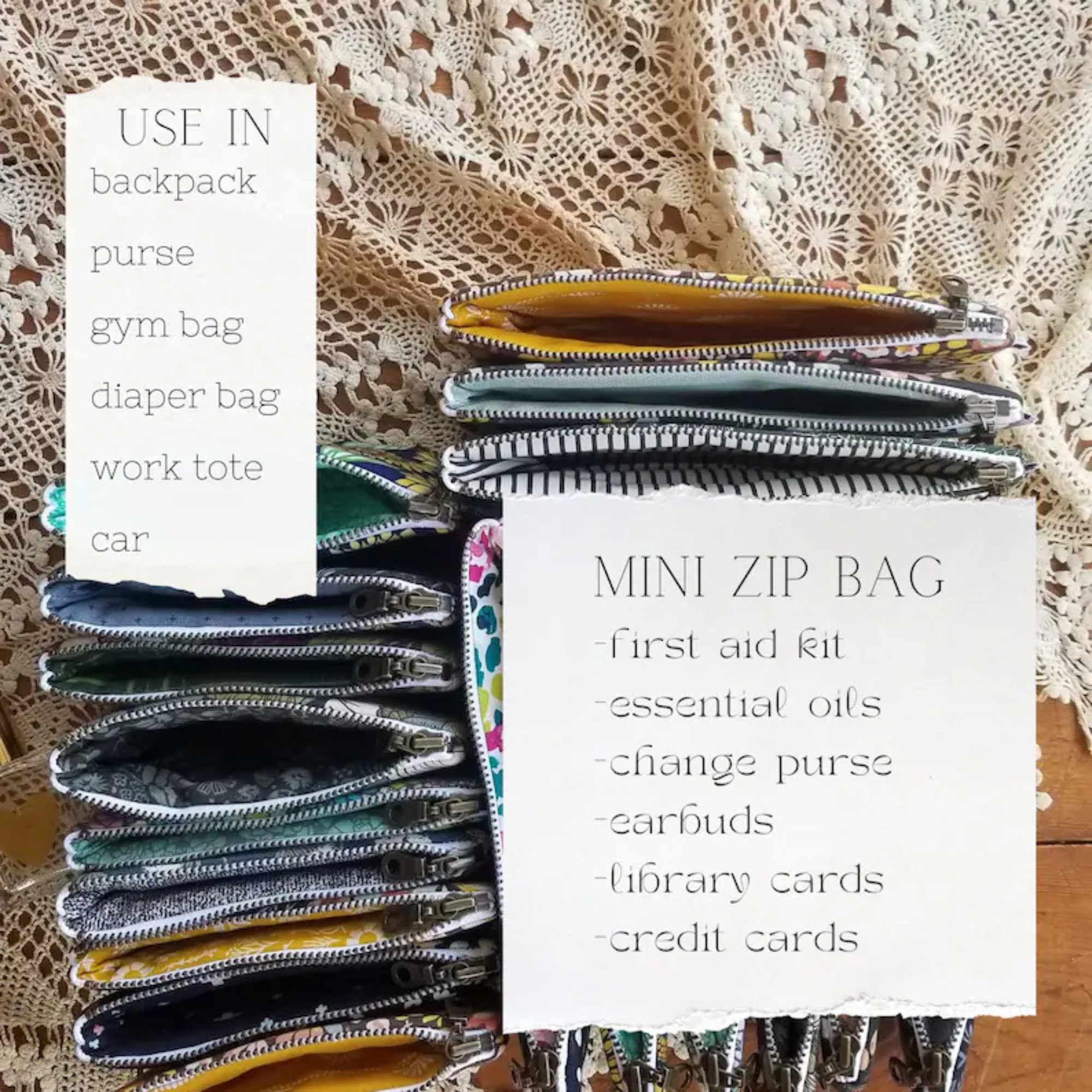 Stack of mini zip bags with text on用途, material, and uses