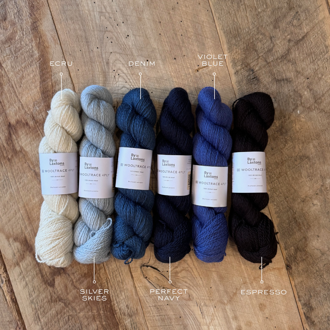 Six skeins of yarn in various Shades of BLUES  with labels on a wooden surface