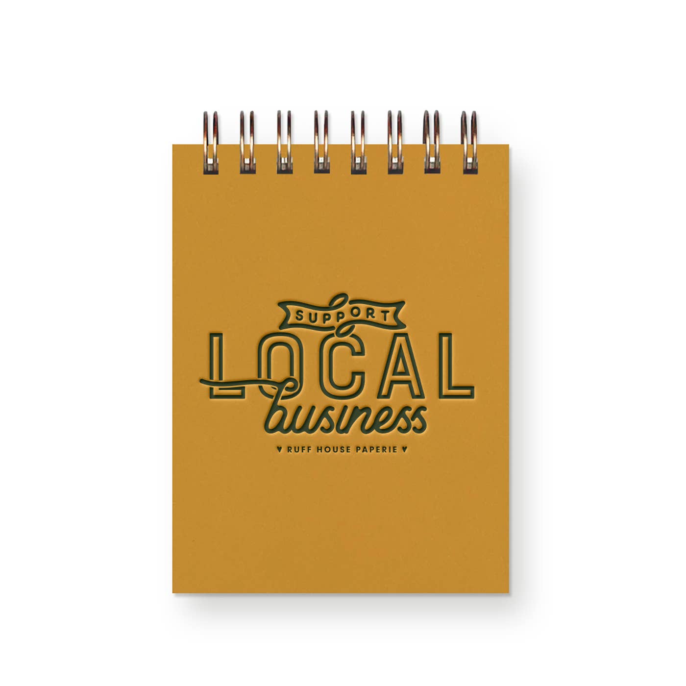 Yellow notebook with 'Support Local Business' text on a white background