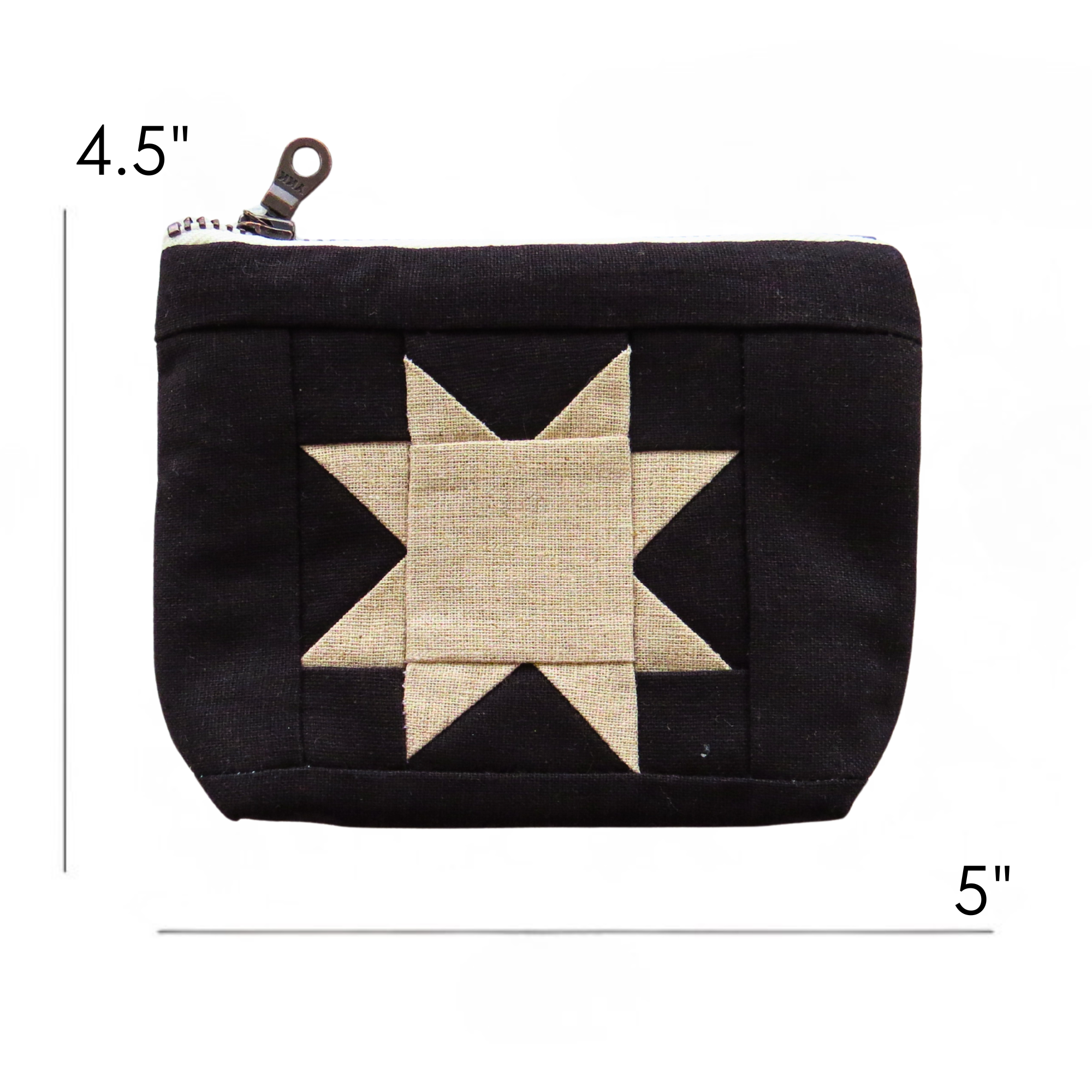 Black pouch with a beige star design and measurements on a white background