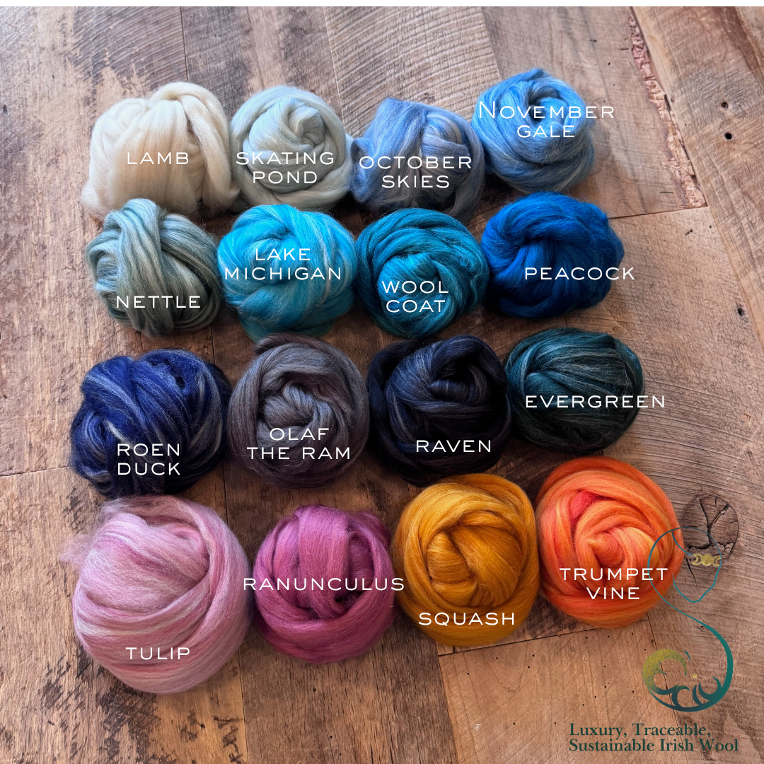 Collection of labeled yarn balls on a wooden surface to show the available colors