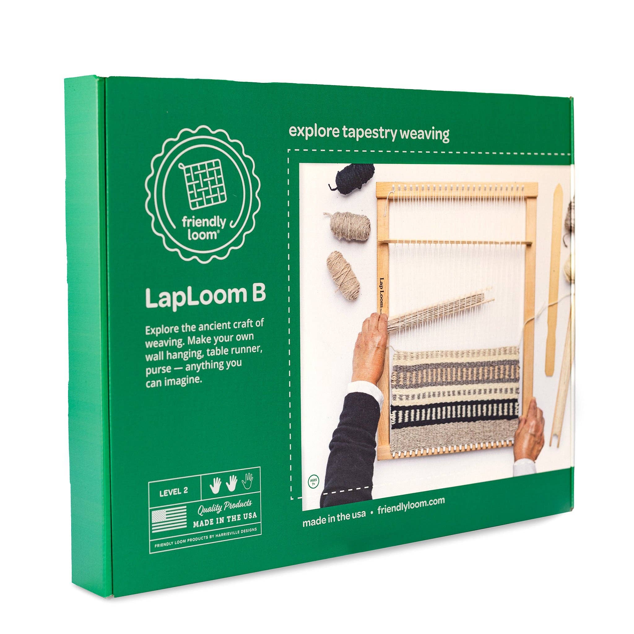 Green packaging of LapLoom B weaving kit with a person using a loom on a white background.