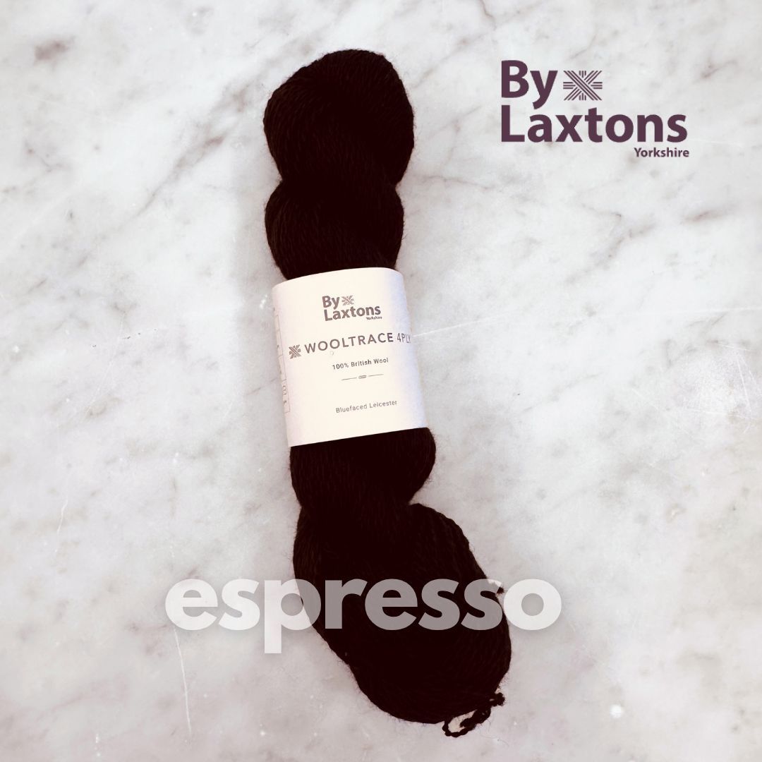 Espresso brown/Black yarn skein with a label on a textured white background, featuring the 'By Laxtons' brand.