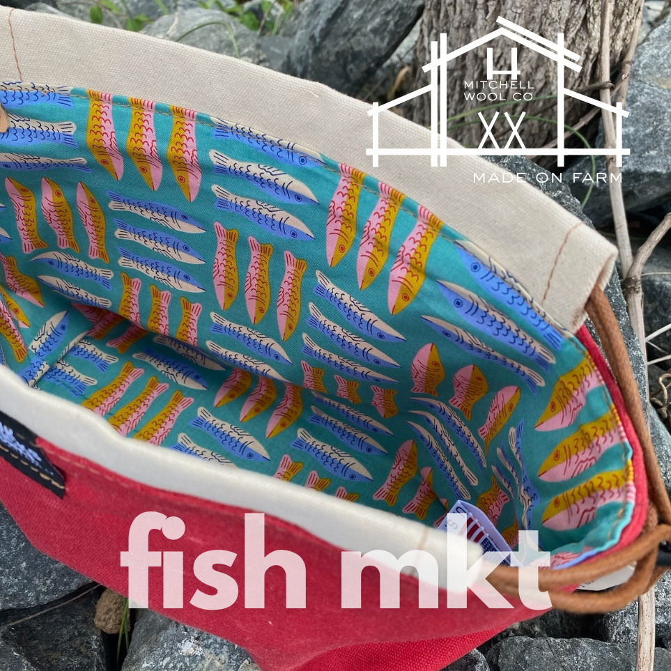 Colorful bag with fish pattern and 'fish mktd' branding, Mitchell Wool Co logo above.