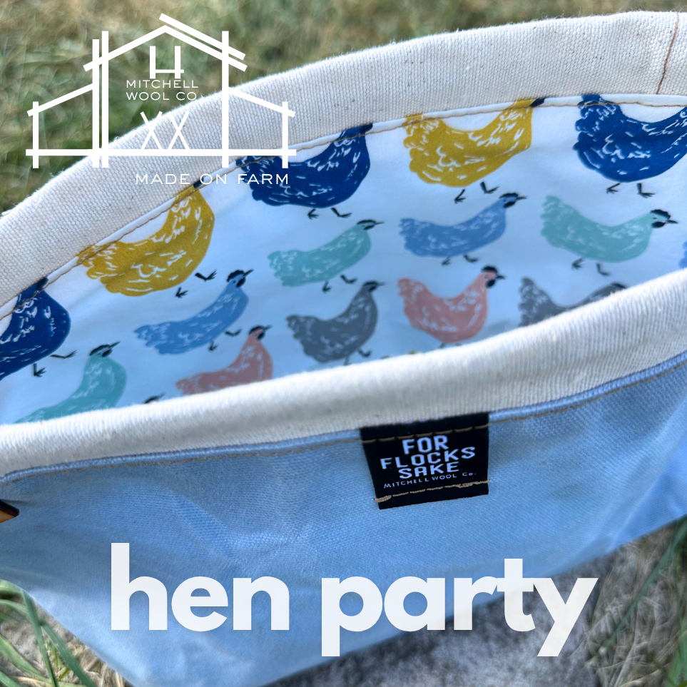 Fabric project bag with chicken pattern and 'hen party' text, Mitchell Wool Co branding visible