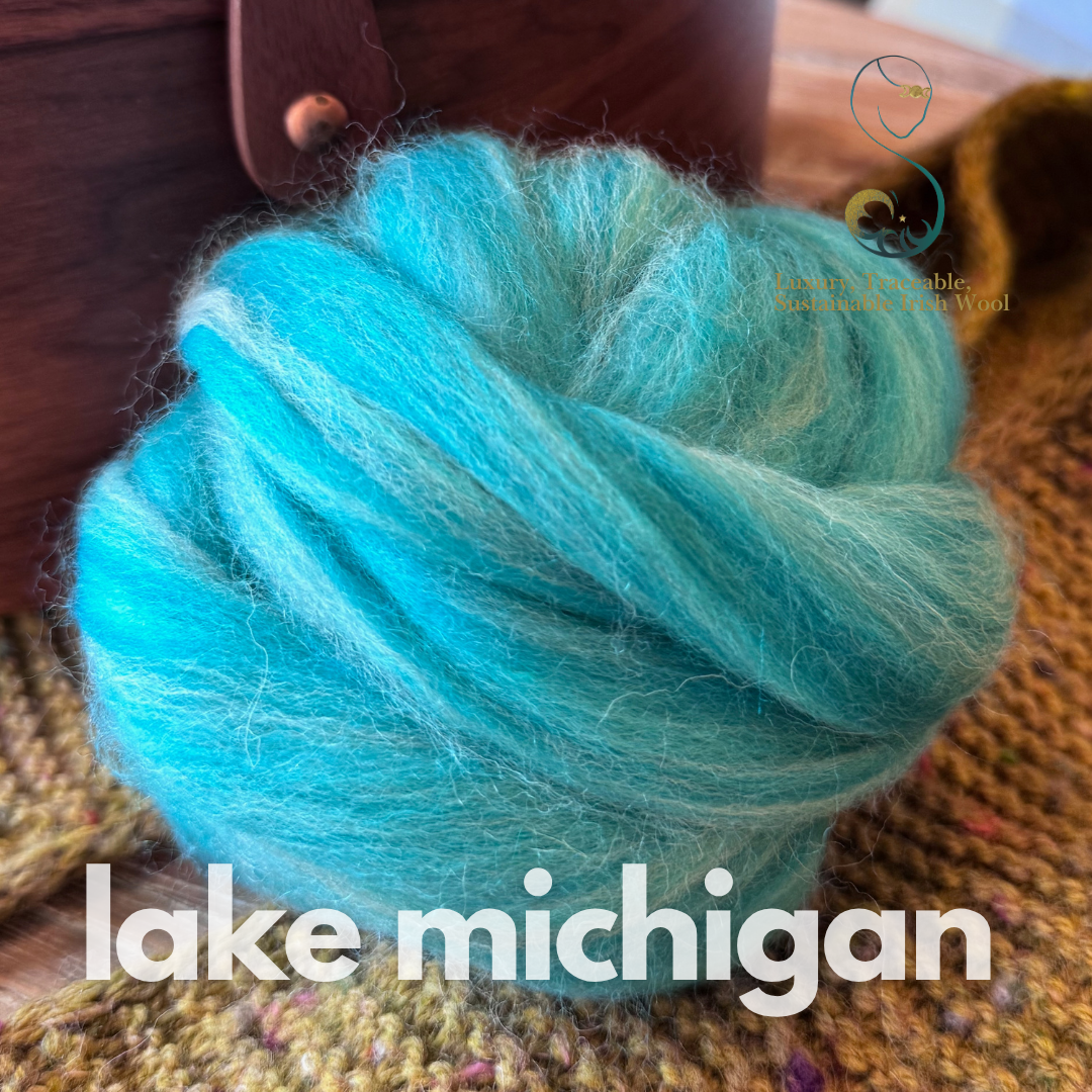 Turquoise dollup of combed top from BFL Irish sheep  with 'lake michigan' text on a textured surface