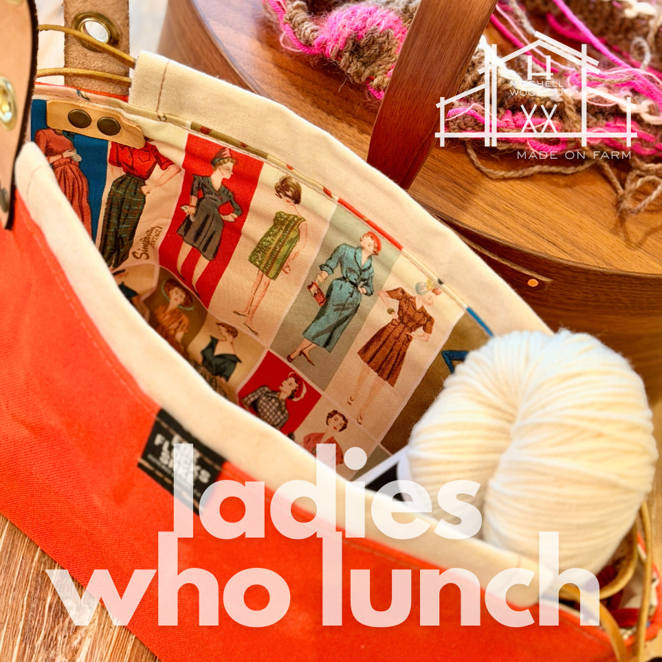 Fabric project bag with vintage-style women's fashion illustrations in a red bag, accompanied by yarn on a wooden surface.