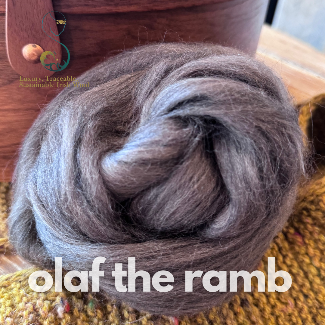 Brown/Black roving on a wooden surface with 'olaf the ramb' branding.