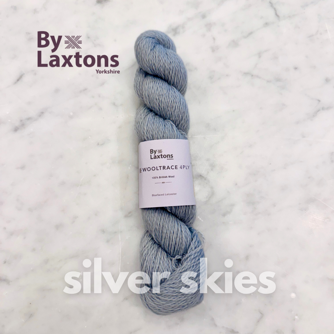 grey Yarn skein labeled 'Silver Skies' by By Laxton's on a marble background