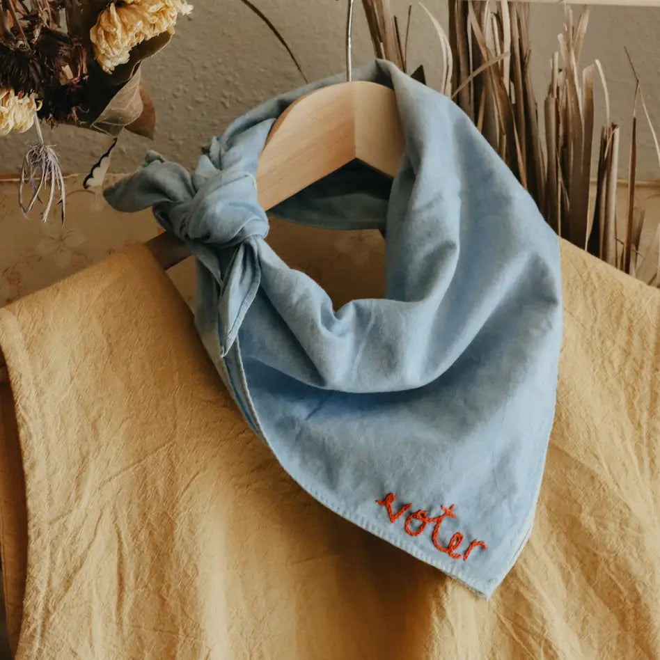 Hand embroidered VOTER organic cotton bandana- hand dyed