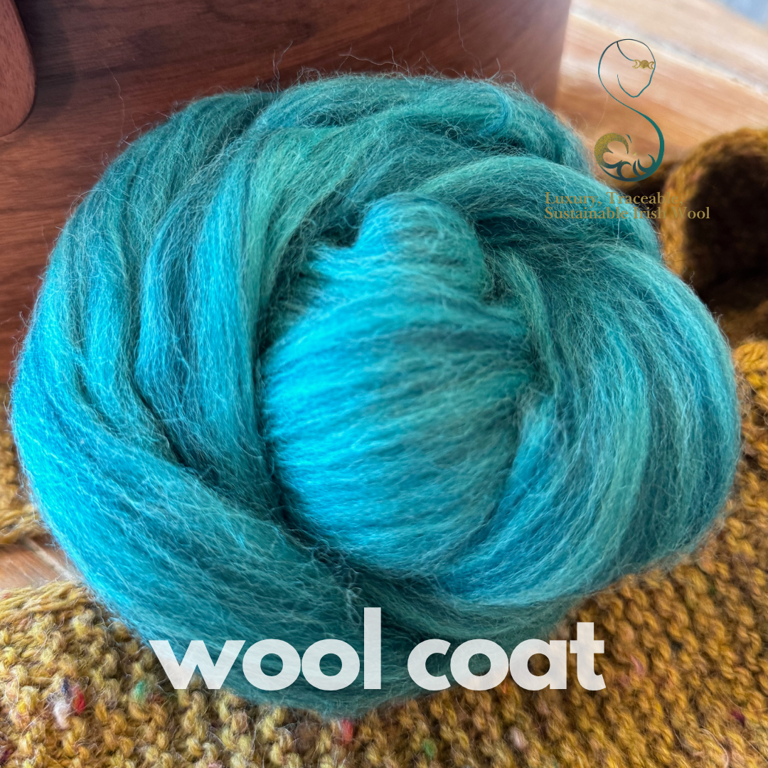 Turquoise dollup of combed top from BFL Irish sheep on a textured surface with 'wool coat' branding.