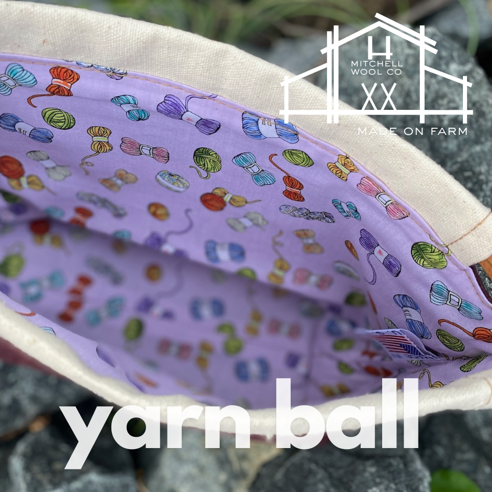 Yarn ball patterned fabric with Mitchell Wool Co branding